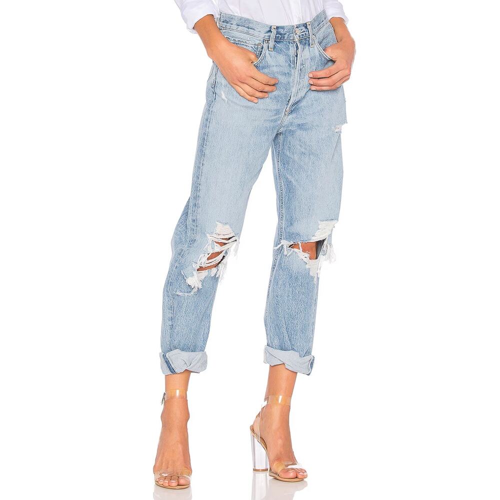 Agolde 90's Mid Rise Loose Fit Button Fly Distressed Denim Jean Fall Out Blue 24